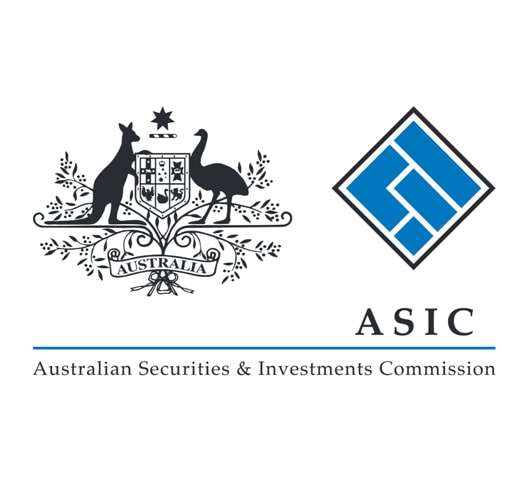 Logo of the Australian Securities & Investments Commission (ASIC). On the left, there's a black-and-white emblem featuring a kangaroo and emu with a shield. On the right, a blue geometric ASIC logo with the full name written below.