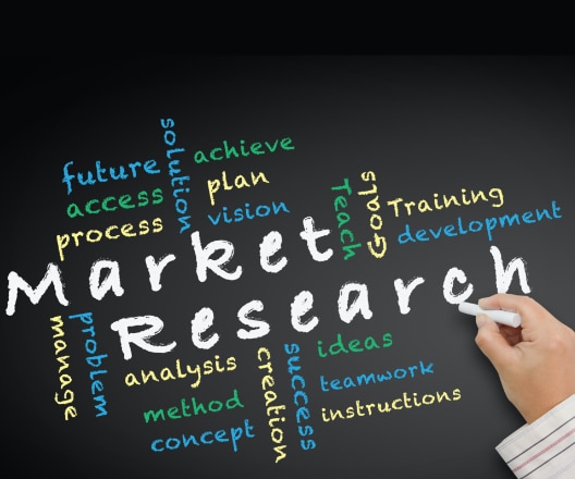 A hand writing "Market Research" on a chalkboard surrounded by various terms like "future," "plan," "analysis," "success," and "development." The words are written in different colors, emphasizing key elements of market research.